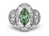 Platinum Fancy Green Marquise Cut Halo Milgrain Diamond Engagement Ring with Leaf Band and Four-Prong Setting_12