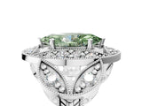 Platinum Fancy Green Marquise Cut Halo Milgrain Diamond Engagement Ring with Leaf Band and Four-Prong Setting_17