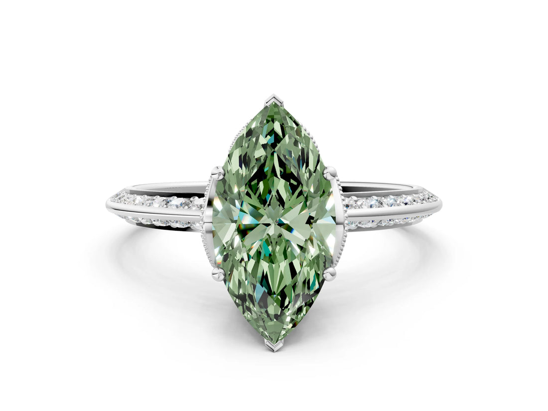 Platinum Fancy Green Marquise Cut Solitaire Split Shank Pave Diamond Engagement Ring with Four-Prong Setting_12