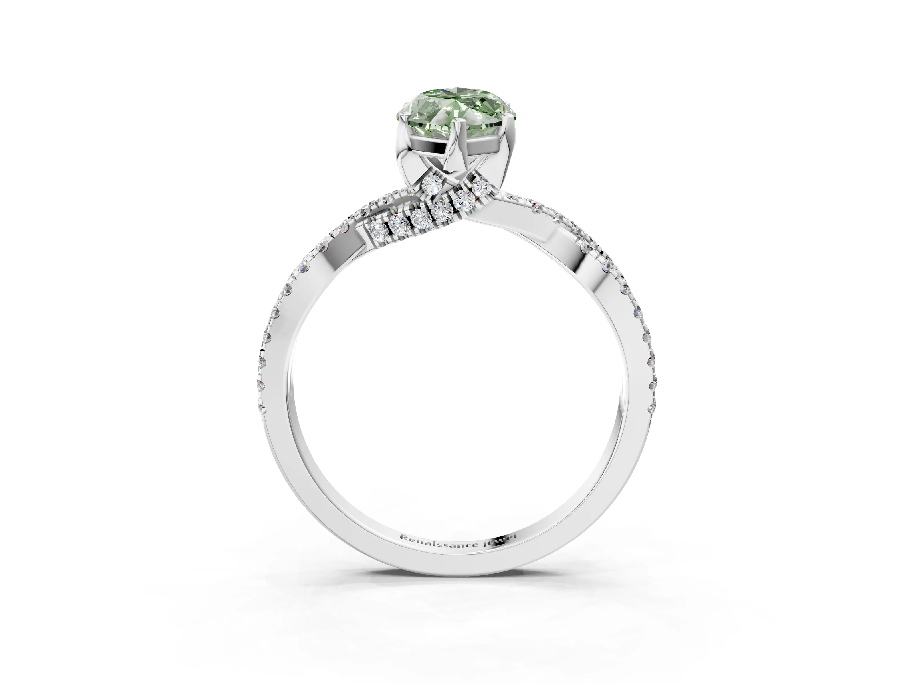 Platinum Fancy Green Marquise Cut Solitaire Twist Pave Diamond Engagement Ring with Prong Setting_69