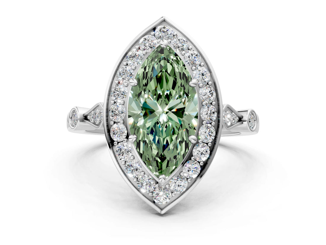 Platinum Fancy Green Marquise  Halo Diamond Engagement Ring with Twisted Band and Four-Prong Setting