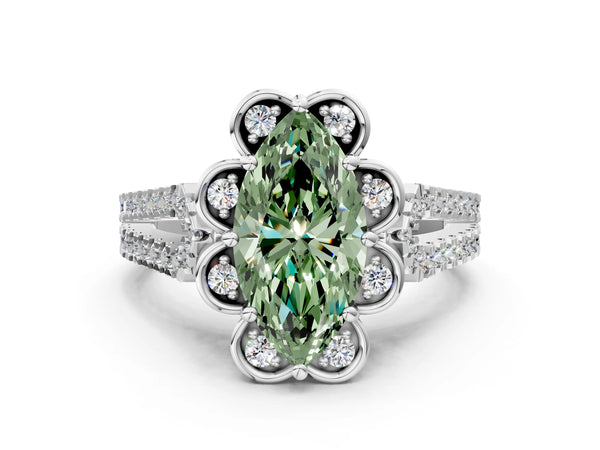 Platinum Fancy Green Marquise  Halo Diamond Floral Split Shank Engagement Ring