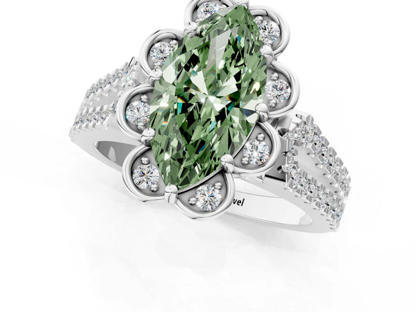 Platinum Fancy Green Marquise  Halo Diamond Floral Split Shank Engagement Ring