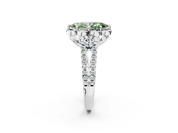 Platinum Fancy Green Marquise  Halo Diamond Floral Split Shank Engagement Ring