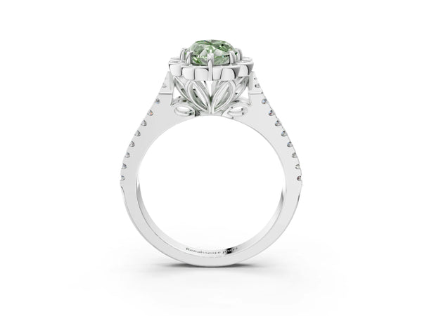 Platinum Fancy Green Marquise  Halo Diamond Floral Split Shank Engagement Ring