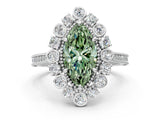 Platinum Fancy Green Marquise  Halo Milgrain Pave Diamond Ring with Four-Prong Setting 1