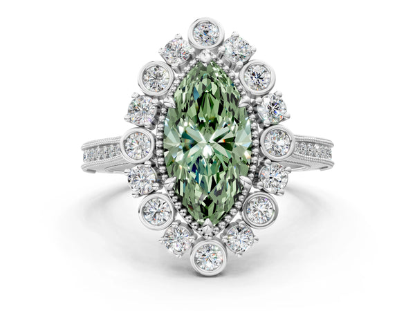 Platinum Marquise Scalloped Milgrain Halo Engagement Ring Setting for Fancy Green Center