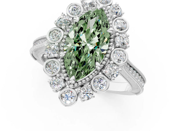Platinum Marquise Scalloped Milgrain Halo Engagement Ring Setting for Fancy Green Center