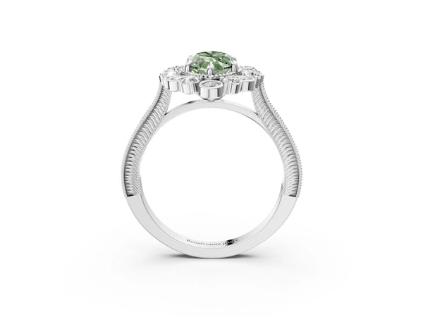 Platinum Marquise Scalloped Milgrain Halo Engagement Ring Setting for Fancy Green Center
