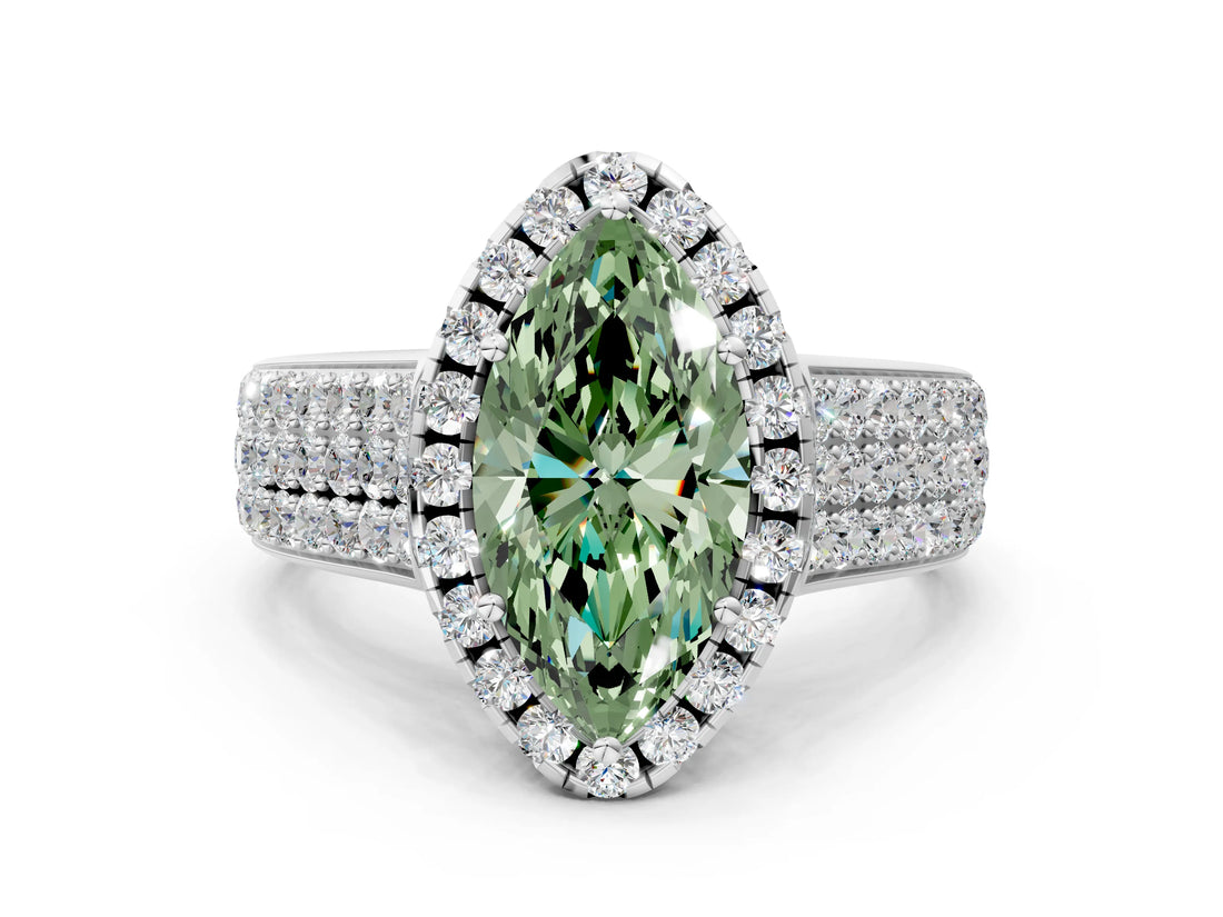 Platinum Fancy Green Marquise  Halo Round Diamond Pave Band with Prong Setting