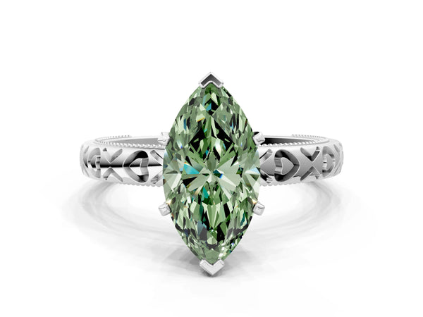 Platinum Marquise Solitaire Engagement Ring Setting for Fancy Green Center with XO Engraved Band