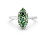 Platinum Fancy Green Marquise  Solitaire Diamond Ring with a Classic Band and Four-Prong Setting