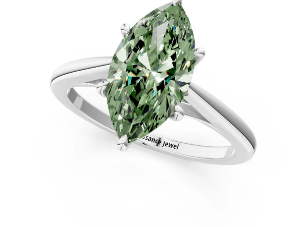 Platinum Fancy Green Marquise  Solitaire Engagement Ring with Four-Prong Setting and Classic Band
