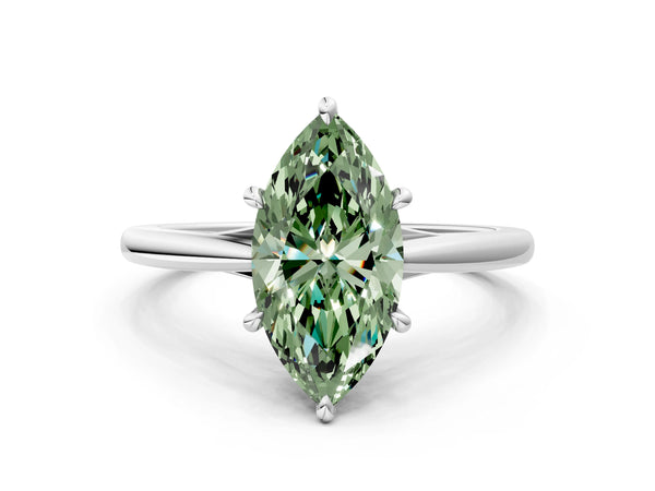 Platinum Fancy Green Marquise  Solitaire Engagement Ring with Four-Prong Setting and Classic Band