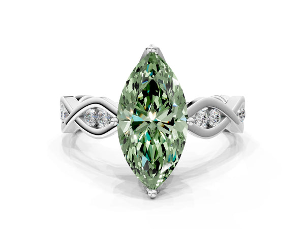 Platinum Fancy Green Marquise  Solitaire Twist Band with Leaf Prong Setting