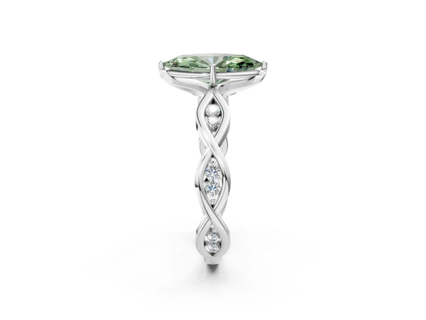 Platinum Fancy Green Marquise  Solitaire Twist Band with Leaf Prong Setting