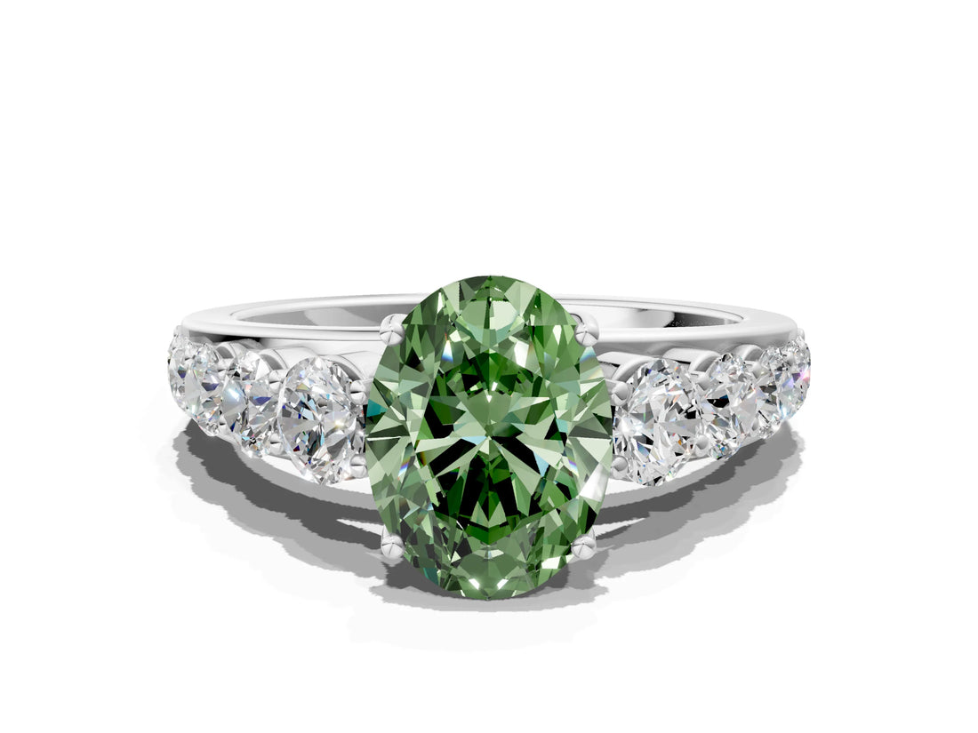 Platinum Fancy Green Oval Cut Brilliant Diamond Pavé Band with Six-Prong Setting_20