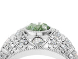 Platinum Fancy Green Oval Cut Brilliant Halo Pave Diamond Milgrain Ring_10