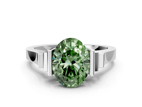 Platinum Fancy Green Oval Cut Brilliant Solitaire Diamond Ring with Channel Set Band and Bar Prong Setting