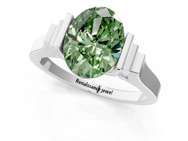 Platinum Fancy Green Oval Cut Brilliant Solitaire Diamond Ring with Channel Set Band and Bar Prong Setting