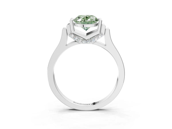 Platinum Fancy Green Oval Cut Brilliant Solitaire Diamond Ring with Channel Set Band and Bar Prong Setting