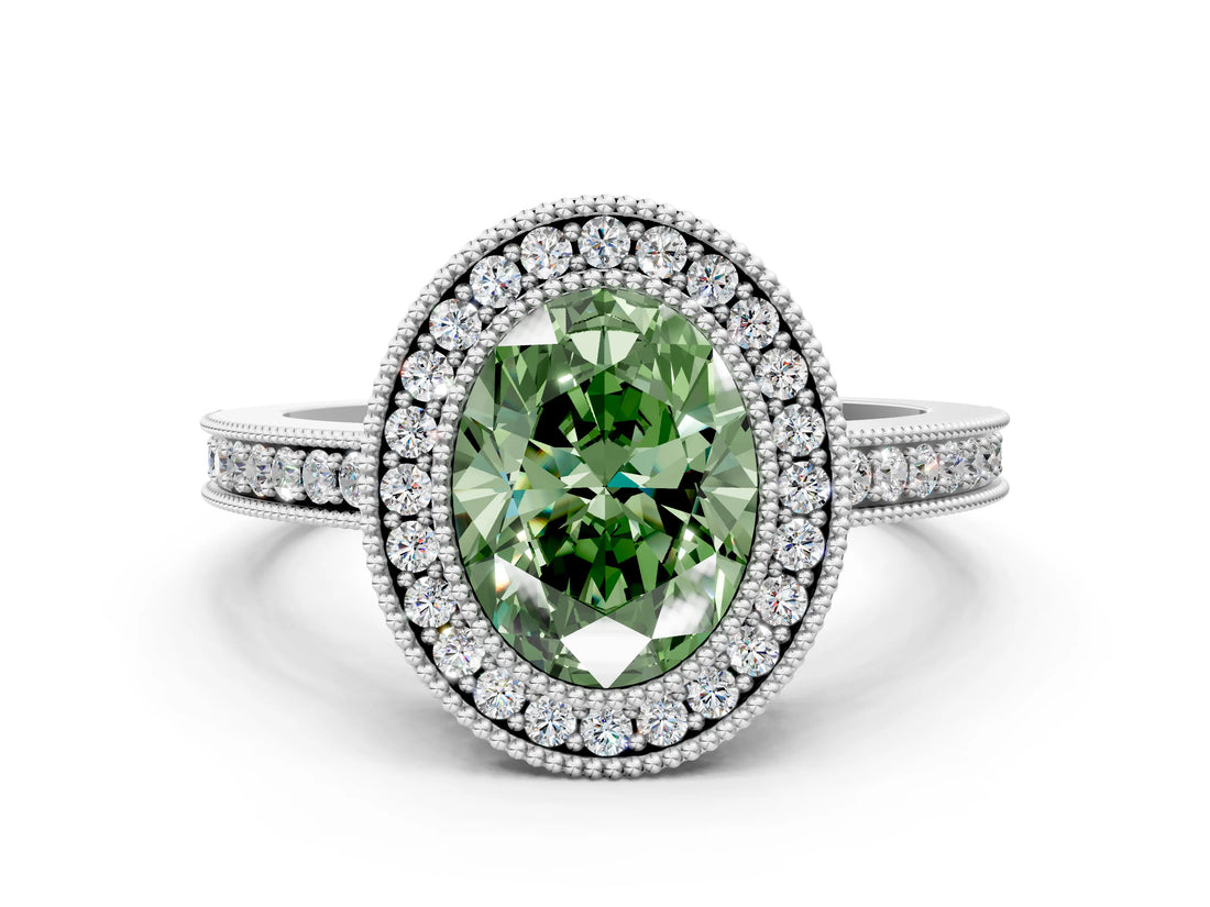 Platinum Fancy Green Oval Cut Cut Halo Pavé Diamond Ring_6