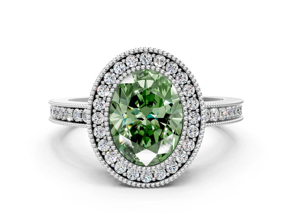 Platinum Oval Double Milgrain Halo Engagement Ring Setting for Fancy Green Center
