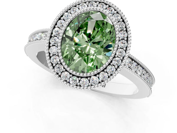 Platinum Oval Double Milgrain Halo Engagement Ring Setting for Fancy Green Center