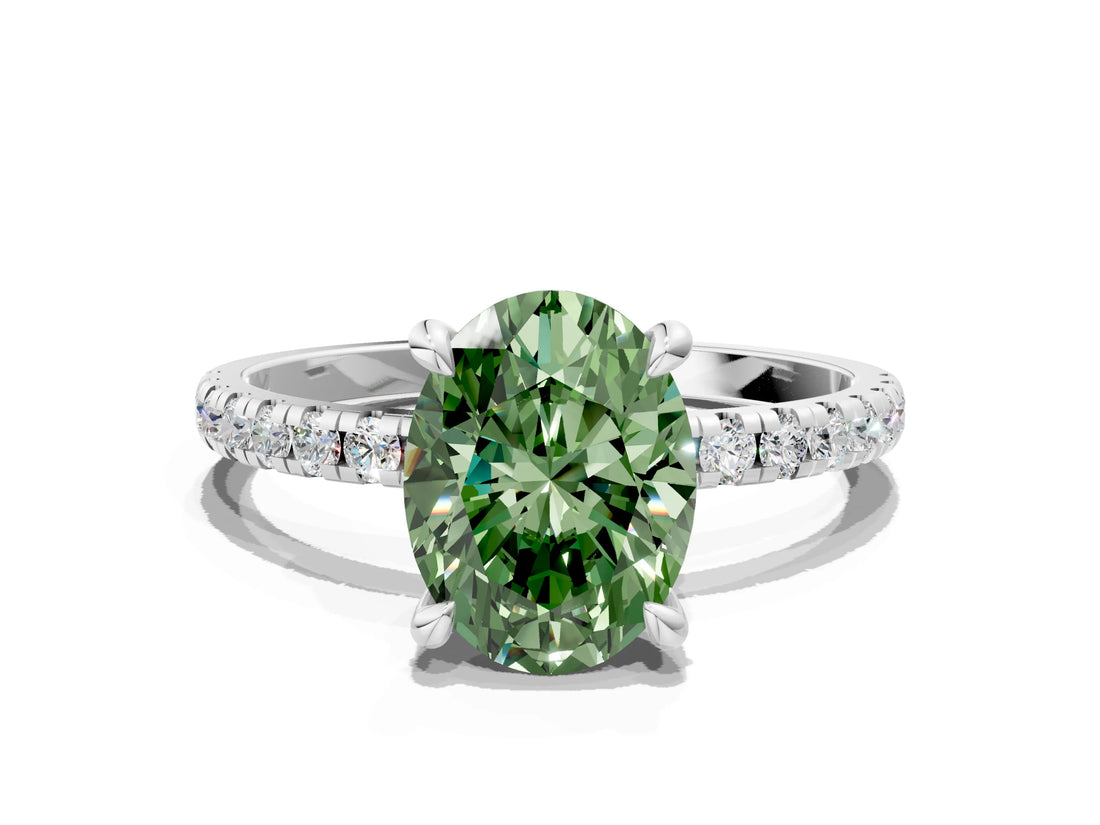 Platinum Fancy Green Oval Cut Diamond Brilliant Solitaire Ring with Pavé Band and Four-Prong Setting_36
