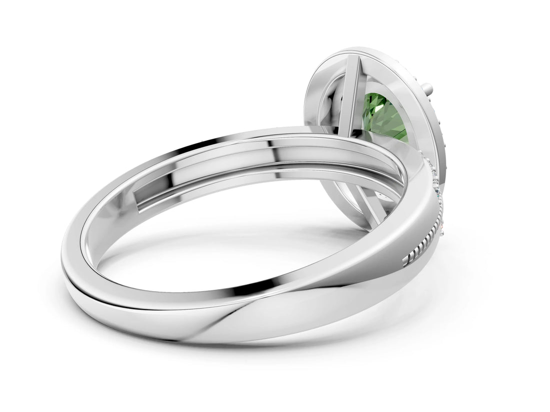 Platinum Fancy Green Oval Cut Diamond Double Halo Ring with Split Shank and Four-Prong Setting_6