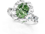 Platinum Fancy Green Oval  Cut Diamond Floral Halo Engagement Ring with Shared Prong Setting 1