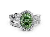 Platinum Fancy Green Oval Cut Diamond Halo Ring with Round Split Shank and Prong Setting
