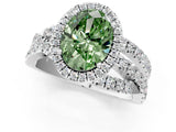 Platinum Fancy Green Oval Cut Diamond Halo Ring with Round Split Shank and Prong Setting_1