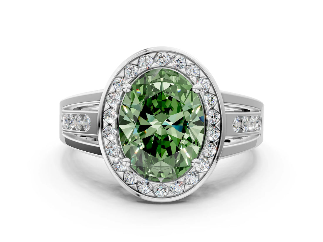 Platinum Fancy Green Oval Cut Diamond Halo Ring with Split Shank and Bezel Accents and Prong Setting_12
