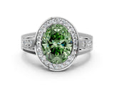 Platinum Fancy Green Oval Cut Diamond Halo Ring with Split Shank and Bezel Accents and Prong Setting_12