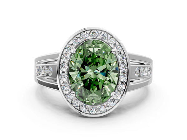 Platinum Oval Channel Set Halo Engagement Ring Setting for Fancy Green Center