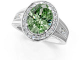 Platinum Fancy Green Oval Cut Diamond Halo Ring with Split Shank and Bezel Accents and Prong Setting_13