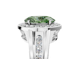 Platinum Fancy Green Oval Cut Diamond Halo Ring with Split Shank and Bezel Accents and Prong Setting_17