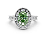Platinum Fancy Green Oval Cut Diamond Milgrain Halo Engagement Ring with Round Pavé Band and Prong Setting_12