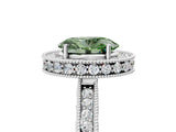 Platinum Fancy Green Oval Cut Diamond Milgrain Halo Engagement Ring with Round Pavé Band and Prong Setting_17