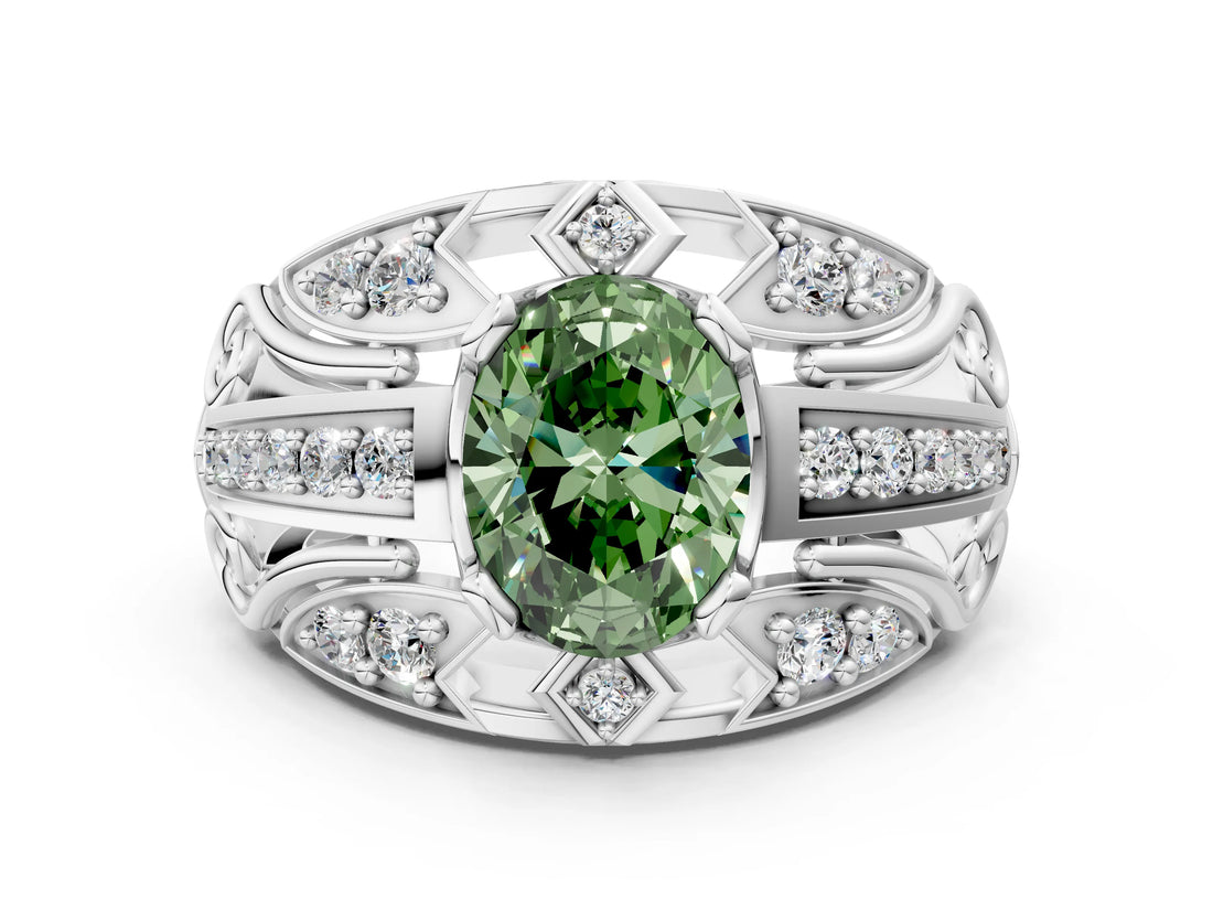 Platinum Fancy Green Oval Cut Diamond Pave Art Deco Split Shank Ring with Four-Prong Setting_12