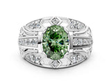 Platinum Fancy Green Oval Cut Diamond Pave Art Deco Split Shank Ring with Four-Prong Setting_12