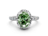 Platinum Fancy Green Oval Cut Diamond Scalloped Halo Engagement Ring with Round Shared Prong Band