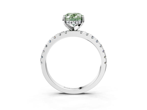 Platinum Oval Hidden Halo Solitaire Engagement Ring Setting for Fancy Green Center with Single Row Pave Band