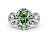 Platinum Fancy Green Oval Cut Diamond Three-Stone Halo Ring with Prong Setting and Pavé Accents_12