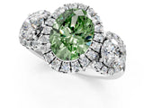 Platinum Fancy Green Oval Cut Diamond Three-Stone Halo Ring with Prong Setting and Pavé Accents_13