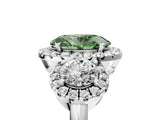 Platinum Fancy Green Oval Cut Diamond Three-Stone Halo Ring with Prong Setting and Pavé Accents_17