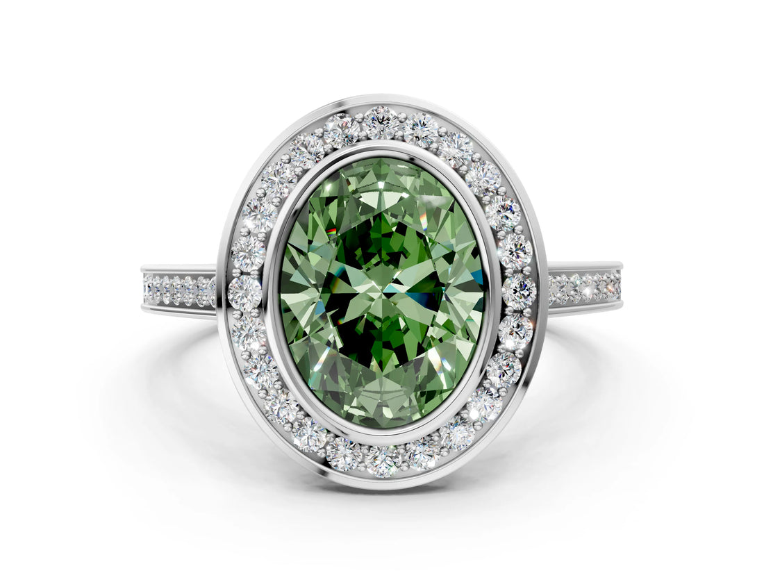 Platinum Fancy Green Oval Cut Halo Bezel Diamond Pave Band Ring_6