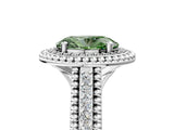 Platinum Fancy Green Oval Cut Halo Diamond Ring with Beaded Split Shank and Four-Prong Setting_11