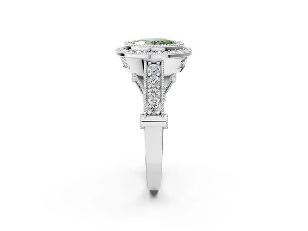 Platinum Oval Vintage Bezel Halo Engagement Ring Setting for Fancy Green Center